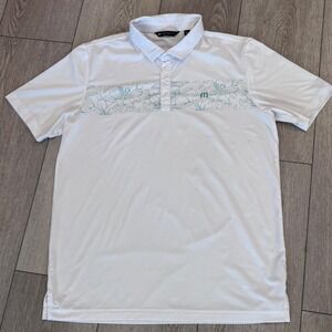 Travis Mathew Polo Shirt Mens Large White Floral Stripe Performance Preppy